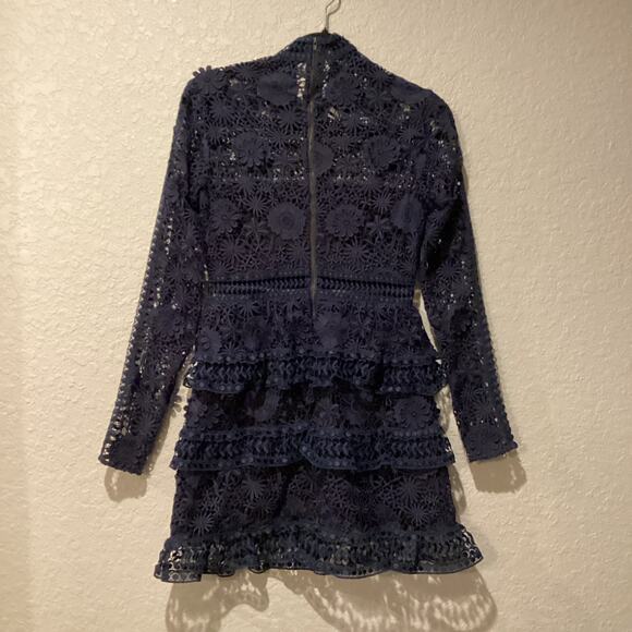 SELF PORTRAIT navy Ava Guipure Lace cut tiered long sleeve Mini Dress size 6 - Picture 3 of 12